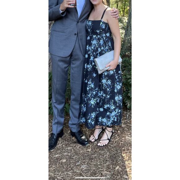 Les Rêveries Black Blue Floral Hourglass Square Neck Strap Midi Dress Size 6 - Picture 12 of 12